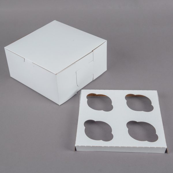 4 Cupcake 8" x 8" x 4" White Cupcake / Muffin Box with 4 Slot Insert