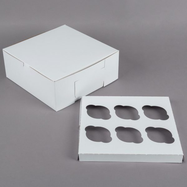 6 Cupcake 10" x 10" x 4" White Cupcake / Muffin Box with 6 Slot Insert