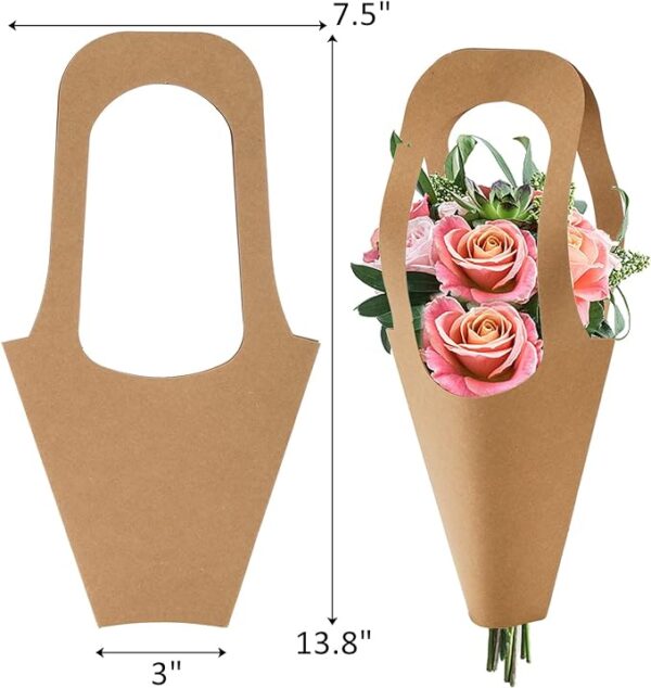 Pack of 50 Flower Bouquet Bags with Handle, Kraft Paper Flowers Gift Bags, Brown Paper Flower Wrapping Bags for Flower Arrangement Florist Shop Packaging Supplies