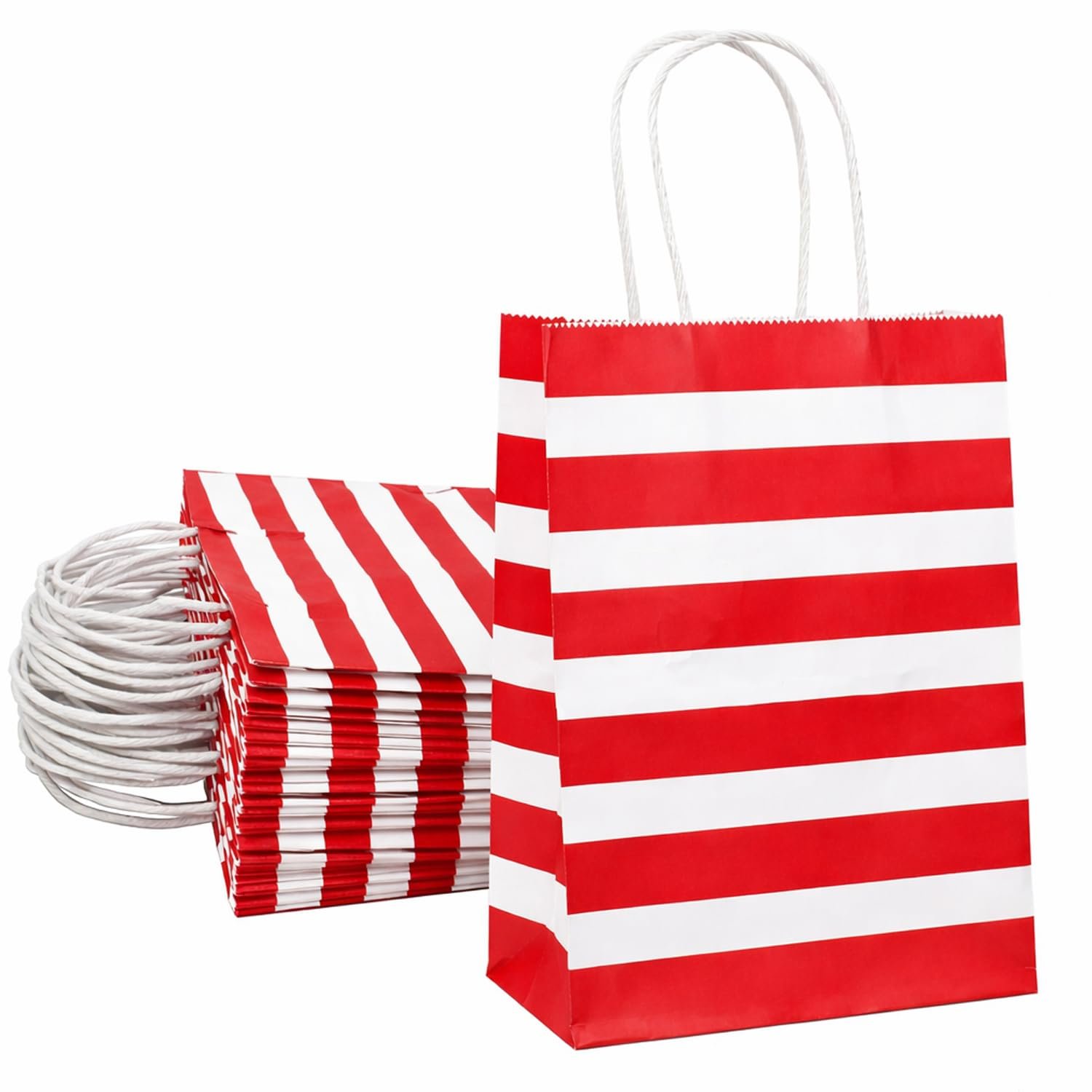 Gift Paper Bags Red Strip -1 Eco Bags Paper Gift Bags | Return Gift & Shopping Bags with Handles | Ideal for Party Favors, Retail Packaging | Red White Striped Design (Red And White Pack of 10 pcs, Size 10 x 4 x 12 Inches (L x W x H) Medium - Image 1